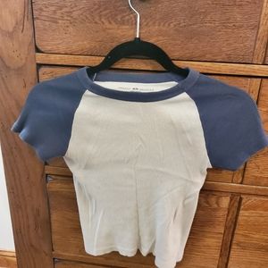 White Brandy Melville Blue Baseball Sleeve Tee Croptop